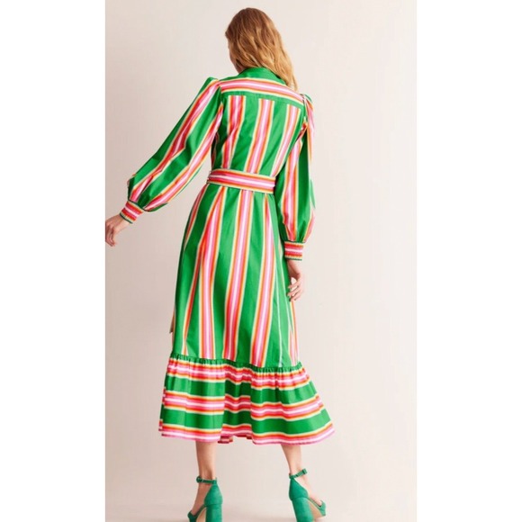 Boden Green Pink Multi Stripe Maxi Shirt Dress Ruffle Hem | Size 8P - Picture 4 of 14